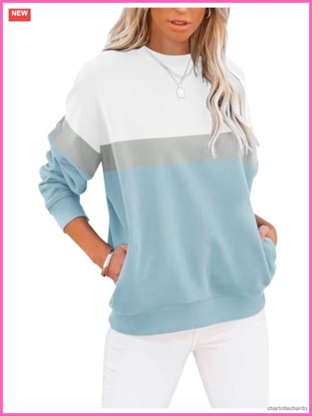 Loose Fit Crewneck Sweatshirt with Pockets Cotton Blend